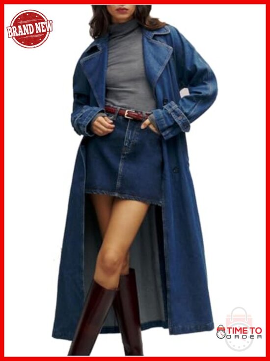 Jackets & Blazers - Women's Denim Trench Coat Double Breasted Midi Jacket with Belt Cotton Blend